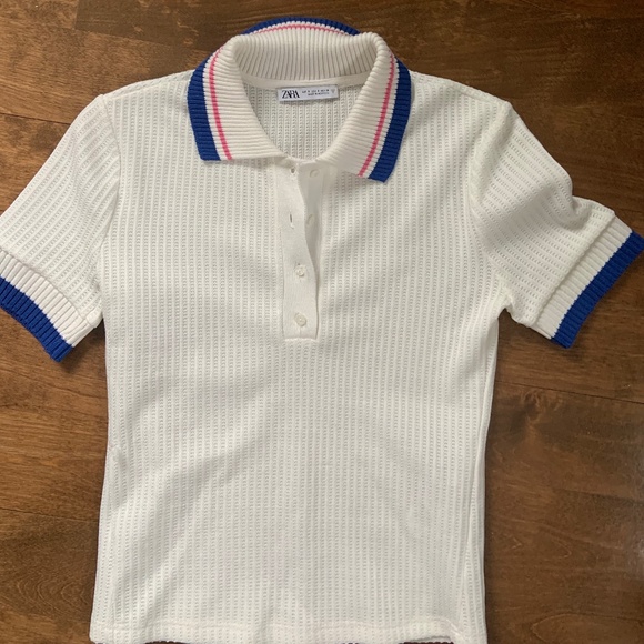 Zara White Blue and Pink Polo Shirt Size Small - Picture 1 of 2